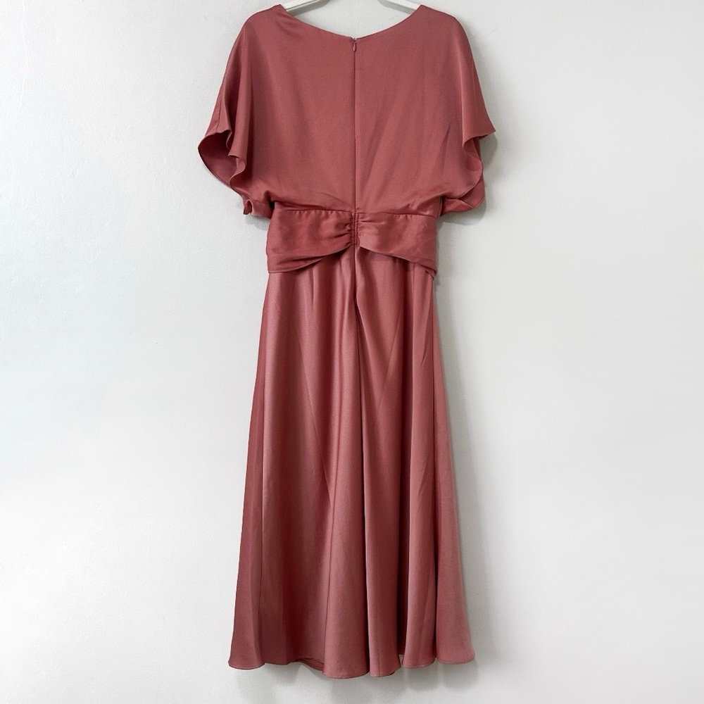 BHLDN Olmstead Midi Dress Silky Faux Wrap Drape Matte Rosette Bridesmaid Wedding - Picture 7 of 11